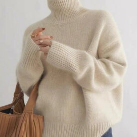 ニット レディース 100%ウール セーター ハイネック 厚手 ヘビーウェイト プルオーバー 秋冬 ふんわり 柔らかい ゆったり オーバーサイズ 快適 保温性 防寒 デイリー