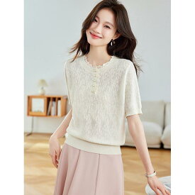 Tシャツ レディース 春夏 ジャガード 薄手 ニット プルオーバー フレンチスタイル レース ラウンドネック 接触冷感 半袖 ウール混 ポリエステル ゆったり 無地 オフホワイト ピンク ブルー エレガント きれいめ 大人カジュアル