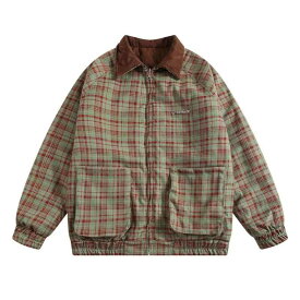 中綿ジャケット ユニセックス レトロアメカジ 厚手 リバーシブル ビッグシルエット ゆったり 防寒 チェック柄 ファスナー 襟付き ポリエステル 秋冬 カップル カジュアル パッチポケット ミドル丈