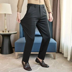 スラックス 男性用 秋冬 軽やか 高級感 高品質 ウール混 滑らか ドレープ感 厚手 スリムフィット ストレート ビジネス オフィス 通勤 カジュアル 普段使い ストレッチ ブラック ネイビー