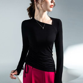 カットソー レディース 斜めネック 長袖 モーダル素材 サイドドローストリング スリムフィット プルオーバー 秋冬 きれいめ 通勤 オフィス トップス