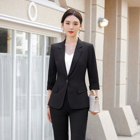セットアップ レディース ビジネス オフィス 通勤 面接 フォーマル エレガント テーラードジャケット 春夏 ポリエステル ストレッチ 七分袖 コンパクト
