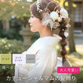 ＼ショップオープン記念クーポン配布中!!／成人式 カチューシャ ＆ マムの 髪飾り 卒業式 和装 成人式髪飾 前撮り 着物 振袖 上品 袴 成人式髪飾りセット ヘアアクセサリー 玉飾り ドライフラワー プリザーブドフラワー ゴールド シルバー 白 ピンク【Wa001】