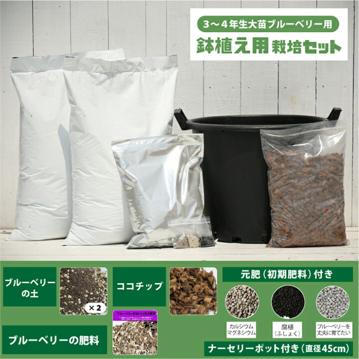 楽天市場 植え付け 簡単 栽培セット 鉢植え用 ブルーベリー3 4年生大苗用 栽培セット ブルーベリーの土 元肥 肥料 ナーセリーポット付き 果樹 栽培キット 用土 土壌改良 鉢植え プランター ガーデニング 資材 苗木は付いておりません 苗木の専門店
