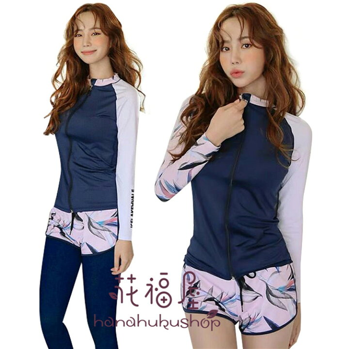 楽天市場 水着 ラッシュガード レディース 上下セット フィットネス 長袖ラッシュパーカー 体型カバー セパレート 5点 タンクトップ タンキニ レギンス ショートパンツ ボタニカル 露出控えめ カバーアップ かわいい お洒落 花福屋