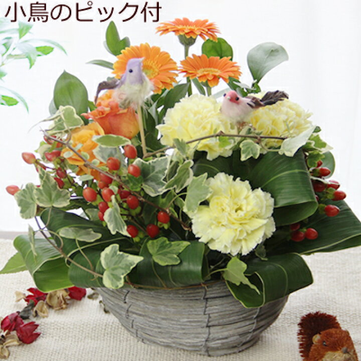 楽天市場 誕生日のお祝いに 季節の花のフラワーアレンジメント フリーバード 小鳥のオブジェ ピック付 送料無料 あす楽対応 花の専門店 行きつけのお花屋さん