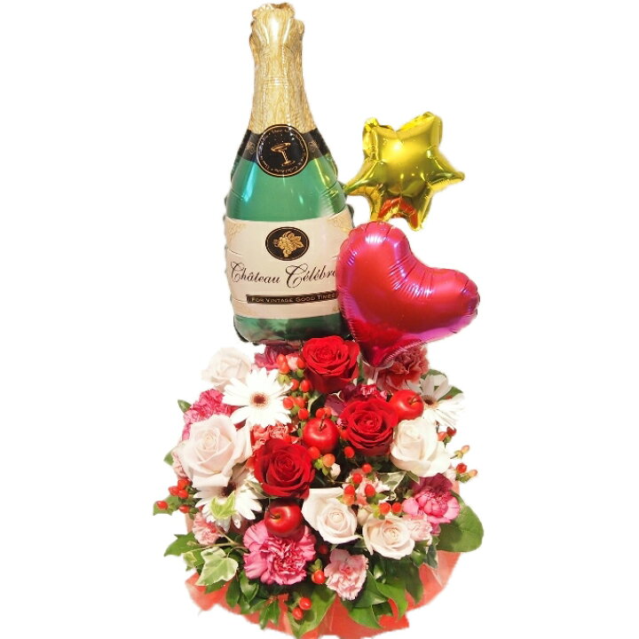 楽天市場 花金高岡本店オリジナル生花アレンジメントシャンパン ハートバルーン付き 華やかお祝いアレンジメント S H 母の日 誕生日 バレンタイン 花 御祝 フラワーアレンジメント 結婚 還暦 結婚記念日 幅 約30cm 高さ 約60cm 花金 高岡本店 楽天市場店