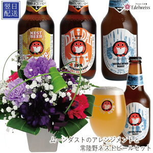 花 長寿祝い 古希 御祝 記念日 誕生日 紫 カーネション ギフト 卒寿 珍しい 生花 パープル お祝い 花とセット ムーンダストアレンジメントと常陸野ネストビール飲み比べ3本瓶セット