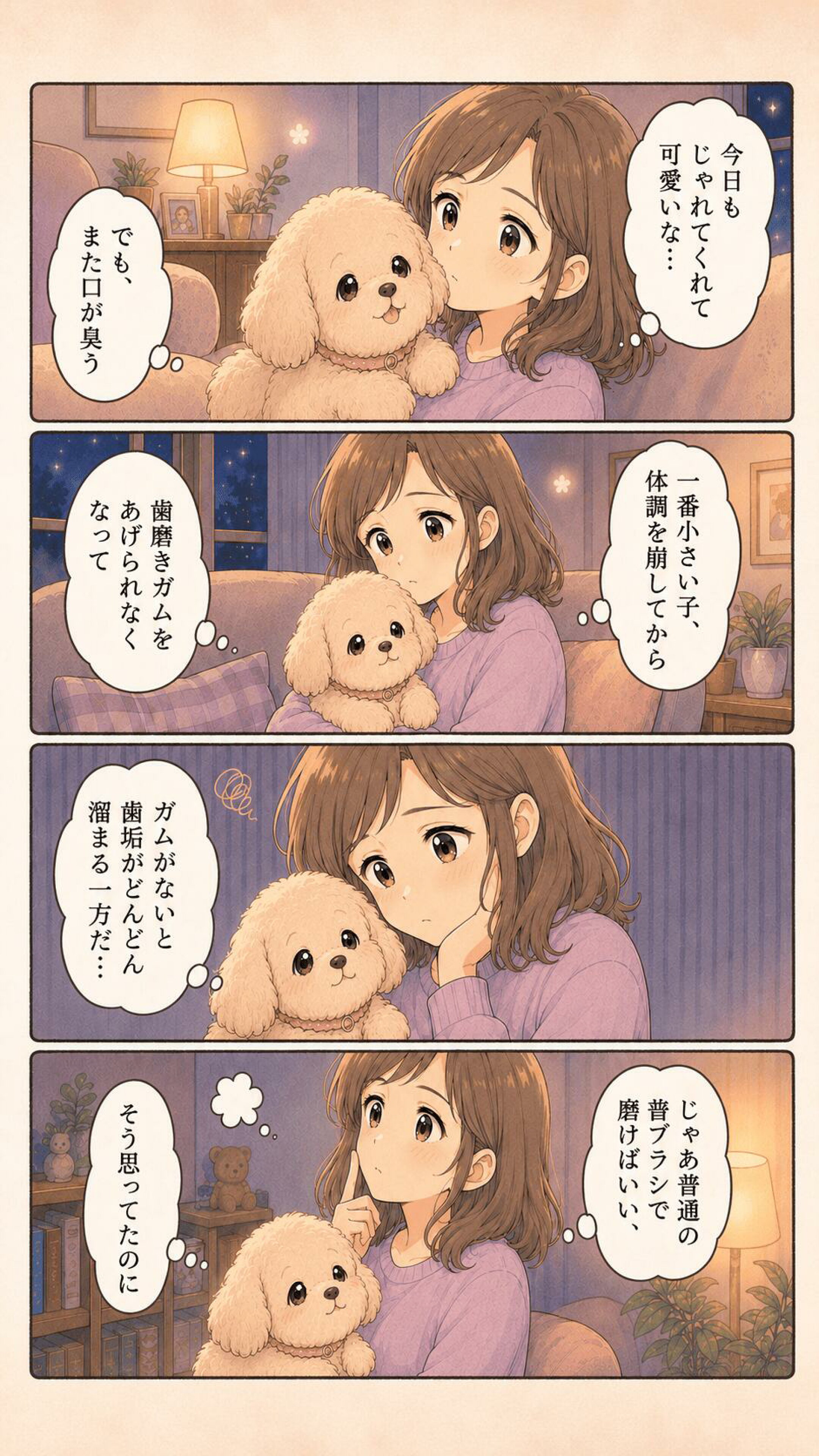 愛犬に頬をよせる飼い主。歯磨きガムを卒業し、歯垢が気になり始めた場面のイラスト