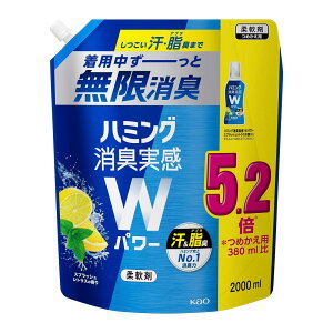 【大容量】ハミング消臭実感Wパワー 柔軟剤 しつこい汗・脂臭まで、着用中ずーっと無限消臭 スプラッシュシトラスの香り 詰替え 2,000ml