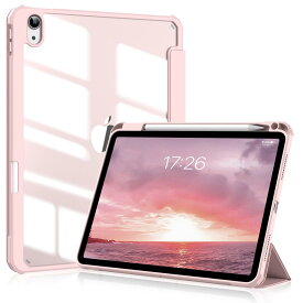 SQBEBS iPad 11世代 ケース A16 (2025) iPad 第11/10世代 10.9インチ (2022) 透明バックカバー ペンシルホルダー付き 三つ折りスタンド Touch IDとオートスリープ機能対応 軽量 薄型 傷つけ防止 PU合成レザー TPU ピンク