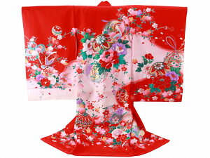 お宮参り 金加工入り 正絹 着物 長襦袢 セット 女児 女の子 子供 産着 祝着 赤系 un-270