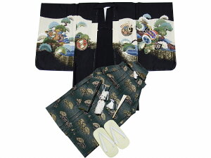 男児トータルセット アンサンブル&袴 男の子用 祝着フルセット 5h-137 黒地 カブト 着丈100cm