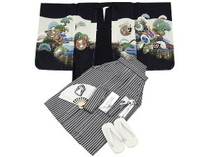 男児トータルセット アンサンブル&袴 男の子用 祝着フルセット 5h-144 黒地 カブト 着丈100cm