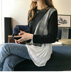 チェック柄切り替えブラウス斜めチェック柄トップスプリーツレディース長袖カジュアルゆったりトップスカットソースアンバランスウェットおしゃれ可愛いメール便【o-au137】【予約販売:15-20日】メ込