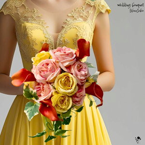 ウェディングブーケ 上質 バラ カラー 黄色 オレンジ ブーケ 造花 ラウンドブーケ 大人 シック造花ブーケ スタイリッシュ エレガント ウェディング ドレス 和装 シンプル 送料無料 結婚式 ブ