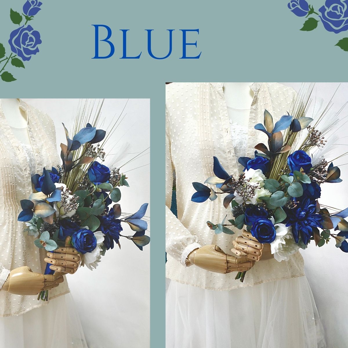 綺麗なブルーブーケ 青 バラ ダリア ピオニー サムシングブルー ブーケ ウエディングブーケ 造花ブーケ ブルー 青 白 青い花 送料無料 オシャレ  かっこいい ブライダルブーケ ブートニアセット ２点セット フォトウェディング 前撮り 青ブーケ ユーカリ プレ花嫁 個性的 | 
