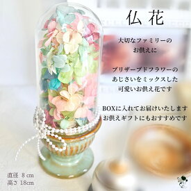 【 仏花 】あじさい プリザーブドフラワー パステル お供えフューネラル ガラスドーム パステルカラー ファンシー 紫陽花 プリザーブド 仏壇 パステル 水やり不要 手間いらず ギフト 仏 ペット 家族 パール ピンク 水色 カラフル やさしい色 置物 お供え ご供花 雑貨