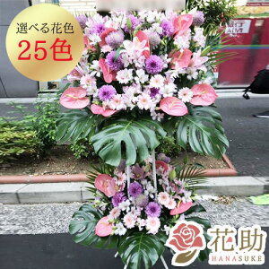 【送料無料・手渡しお届け】 開店祝い 祝花 花助が厳選した花屋のモンステラ入りお祝いスタンド花2段 40000円 花輪 フラスタ 選べる花色は25色 配送無料 名札付き 画像報告 設置回収無料 対