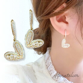 キュービックジルコニアのRomanticハート・フープタッチ（pie258**）イヤリング加工OK　韓国アクセサリー　ハートピアス　韓国ファッション