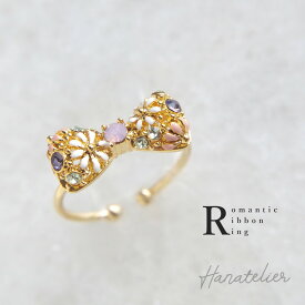 フリーリングで新発売！RomanticRibbonフラワガーデンリング rin011 サイズ調節可能 リボン型花柄リング 指輪