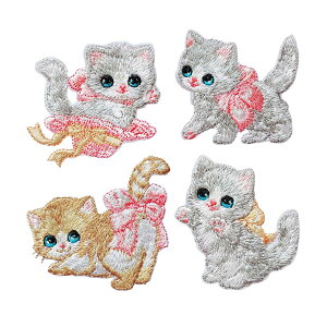 ワッペン 女の子 アイロン アップリケ ウサギ リボン ユニコーン かわいい 大きい 小さい 刺繍 (かわいい猫 4点 セット)
