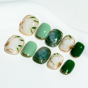 Sun&Beam Nails 手作り ネイルチップ ショート 短め 緑 みどり ラウンド つけ爪 ネイル キラキラ 人気 おしゃれ かわいい デザイン 貼るだけ 付け爪 10枚入 (#33 緑の椿 ・ XS)