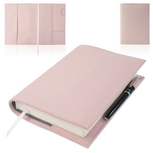 Tonriga A5 ブックカバー 防水ナイロン製 ペンホルダー&収納ポケット付き、文芸書・参考書・手帳に最適、しおり紐でページマーキング 大判対応 ピンク
