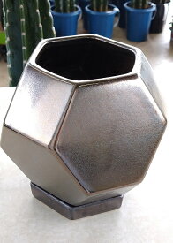 陶器鉢・商品番号 37(多面形型　ブラックゴールド系）鉢底穴有り　六角形皿付き