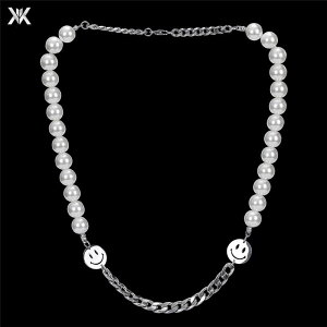 ヒップホップ ネックレス 白 パール 連鎖 にこちゃんマーク ローライダー チタン 鋼 スマイリー フェイス シルバー チェーン ストリート ジェンダーレス ポップ メンズ レディース アクセサ