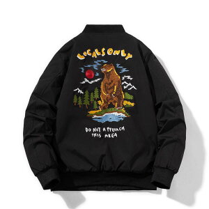 スタジャン 黒 ブラック 熊 ポップ 秋冬 クマ 刺繍 野球 アウター 男性用 レディース カジュアル ワークウェア ジャケット ボンバー ジャケット 防寒着 デイリー ウィンドブレーカー 普段着