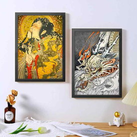 ポスター フォトフレーム 和風 絵 アート A4 タトゥー カラー 絵画 装飾 画 浮世絵 武士 龍 ユニーク ユーモア ショップ 店内 部屋 壁掛け 背景 壁 インテリア 古風 グロテスク