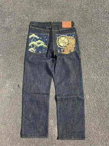 デニムパンツ レトロ タイガー 虎 長ズボン 刺繍 クラシック 和風 メンズ ジーンズ モダン トラディショナル デザイン シンプル カジュアル おしゃれ