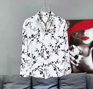 花柄シャツ 男性服 白黒 2色展開 柄シャツ チャイナ風 梅の花 和風 フラワー プリント 冷感 長袖 シャツ 春夏 上品 カジュアル トップス メンズ ストリート 総柄 ブラック モノトーン