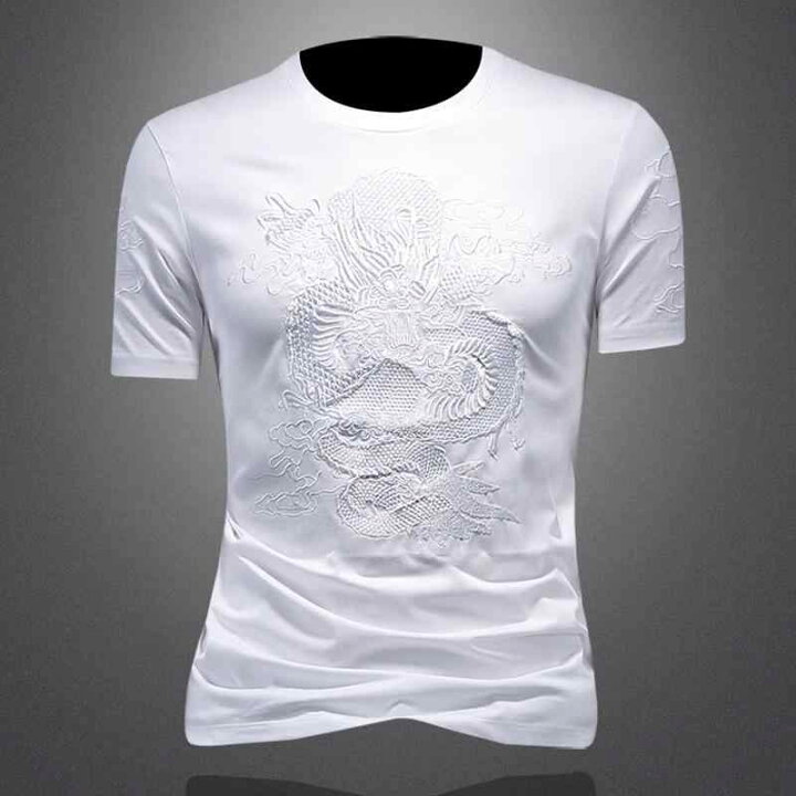 楽天市場】メンズ Tシャツ 半袖 ドラゴン 龍 刺繍 ホワイトTシャツ 