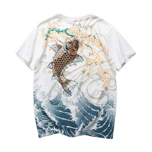Tシャツ トップス コイ 和柄 メンズ 和風 浮世絵 刺繍 鯉 半袖 波 桜 レトロ おしゃれ 男女兼用 カジュアル 快適 大きいサイズ