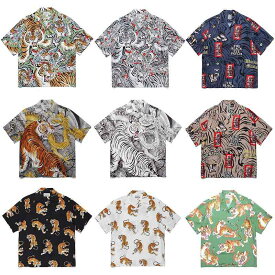 柄シャツ 夏 カジュアル ハワイアン タイガー 半袖 カップル シャツ メンズ レディース ユニセックス トップス 個性的 デザイン モード スタイリッシュ リゾート コーデ ストリート