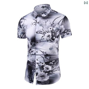 シャツ トップス メンズ チャイナ風 シルケット コットン 半袖 シャツ 水墨画 アート 花柄 大きめサイズ スリムフィット カジュアル きれいめ 上品