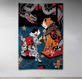 タペストリー インテリア アート ネコ 浮世絵 キャット 彫師 タトゥー ショップ 背景 壁画 猫 ぶら下げ布 酒屋 居酒屋 ユニーク ヤンチャ 刺青 入れ墨 装飾 部屋 飾り 厚手 起毛 寮 ベッドサイド 壁布