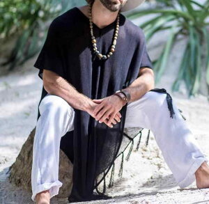 メンズ シャツ プルオーバー 半袖 トップス アウター タッセル ウィンドブレーカー 防風 ビーチ リゾート レジャー 速乾性 軽量 ラッシュガード 紫外線対策 アウトドア ライトウェア ネイビ