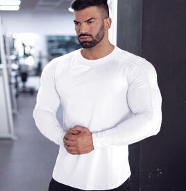 男性服 カラー Tシャツ ムキムキ フィット 秋 筋肉 肉体美 マッチョ 映え フィットネス トレーニング 長袖 ストレッチ メンズ ボディー ビル トレーニング カジュアル インナー 白T ロンT