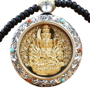 ペンダント レトロ 仏教徒 シルバー ゴールド タンカ 仏陀 お守り 彫刻 出生 仏 ラウンド 丸型 文殊菩薩 普賢菩薩 不動明王 阿弥陀 黒 ブラックビーズ ネックレス ヴィンテージライク