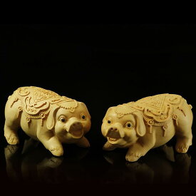 置物 黄楊木彫り 手彫り ハンドメイド 中国風 工芸品 掌玩物 福喜豚 十二支 亥 イノシシ インテリア 飾り オブジェ 縁起物 開運 幸運 プレゼント ギフト