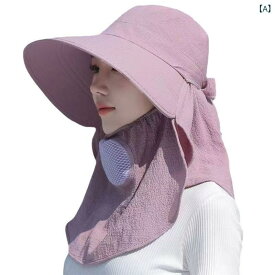 帽子 女性用 UVカット 紫外線対策 日よけ つば広 ハット 通気性 フェイスカバー ネックガード コットン アウトドア レジャー 春夏 グレー ピンク パープル カーキ