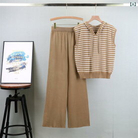 カジュアルセットアップ レディース 夏 韓国風 ノースリーブ パーカー ストライプ ニット 細見え ワイドパンツ 2点セット リラックスウェア 再生繊維 通勤 普段使い カーキ ブラック ブルー ベージュ