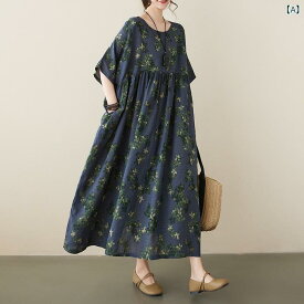 ワンピース レディース 夏 ロング フレア 中国風 花柄 プリント レトロ プリーツ コットン 五分袖 丸首 大きめ ぽっちゃり ゆったり 普段使い グレー 紫 赤