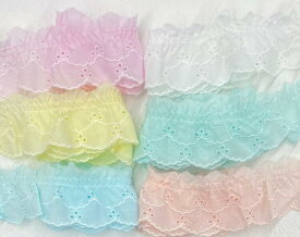 【日本製】フリルレース 綿レース パステルカラー/白 約44mm巾 全6色 No.6536-F　《コットンレース ギャザーレース タックレース 国産 カラーレース 手芸 可愛い ハンドメイド 約4.4cm シンプル》
