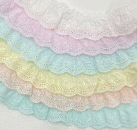 【日本製】フリルレース 綿レース 約44mm巾 パステルカラー/オフ白 花柄 全6色 No.6505-F　《コットンレース ギャザーレース タックレース 国産 カラーレース 手芸 フラワー 可愛い ハンドメイド 約4.4cm》