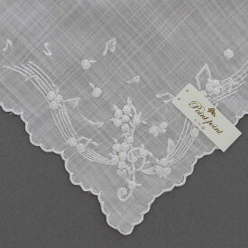 【送料無料】ポワンポワン ベトナム手刺繍ハンカチ 花と音符 ホワイト ハンカチ 白