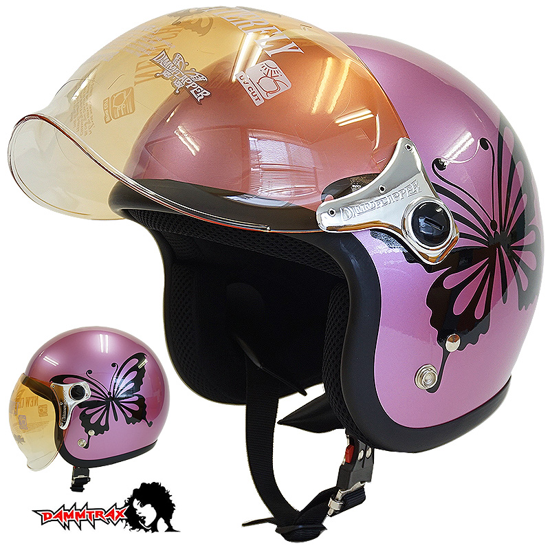 女性用 開閉式シールド付き スモールジェットヘルメット ニューチアーバタフライ [ピンク]DAMMTRAX ダムトラックス  レディースサイズ(57-58cm未満) レディース SG規格 全排気量対応 バイク用 | ハンドルキング